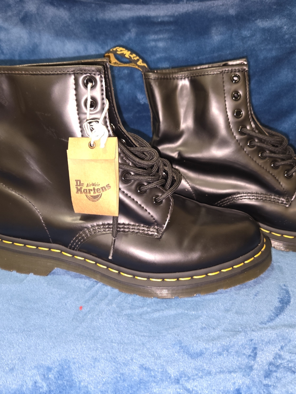 Dr. Martens Men’s 1460 Smooth Leather Black Boots with Yellow Stitching
